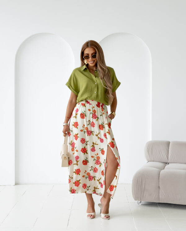 spódnica Midi - print róże beż czerwień róż