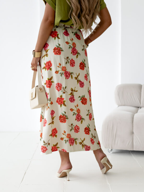 spódnica Midi - print róże beż czerwień róż
