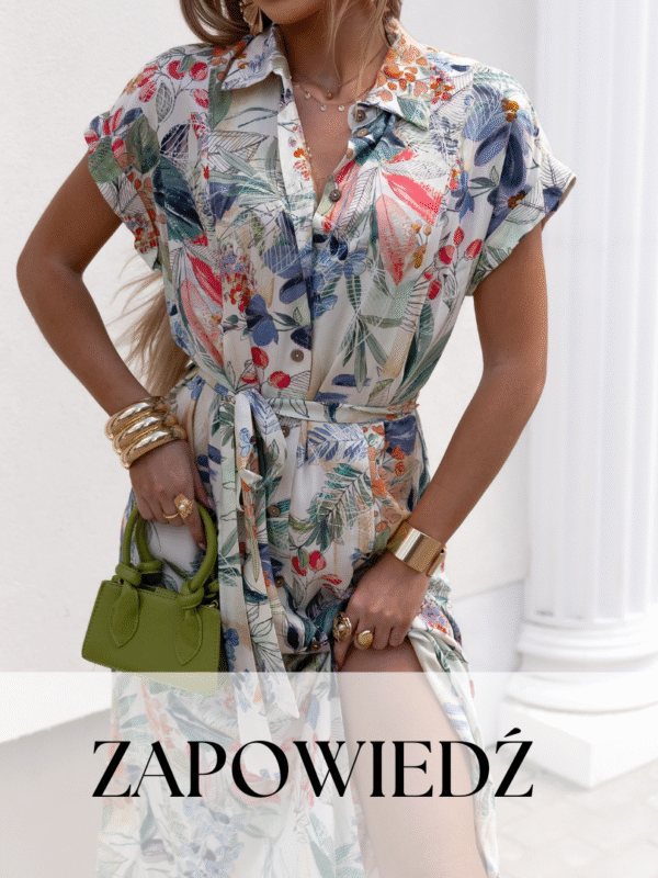 Sukienka Maxi - print liście ecru zieleń niebieski