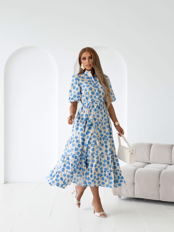 sukienka Emilie - print grochy beż niebieski