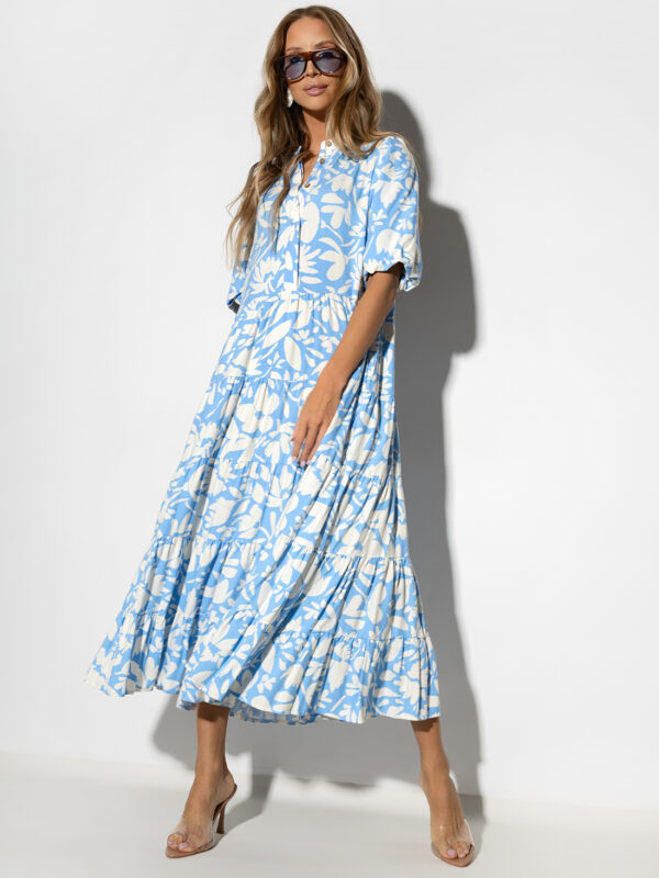 sukienka Emilie - print kwiat błękit ecru