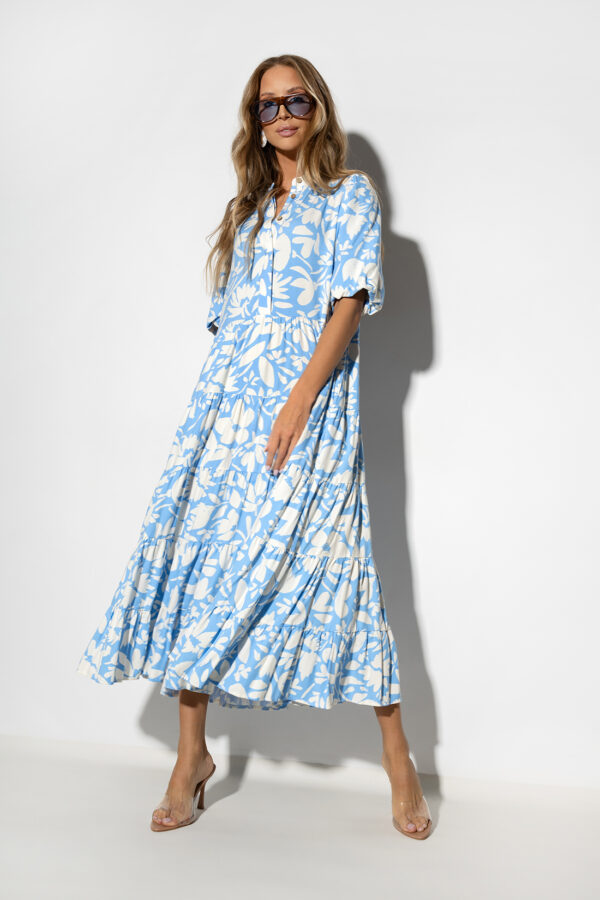 sukienka Emilie - print kwiat błękit ecru