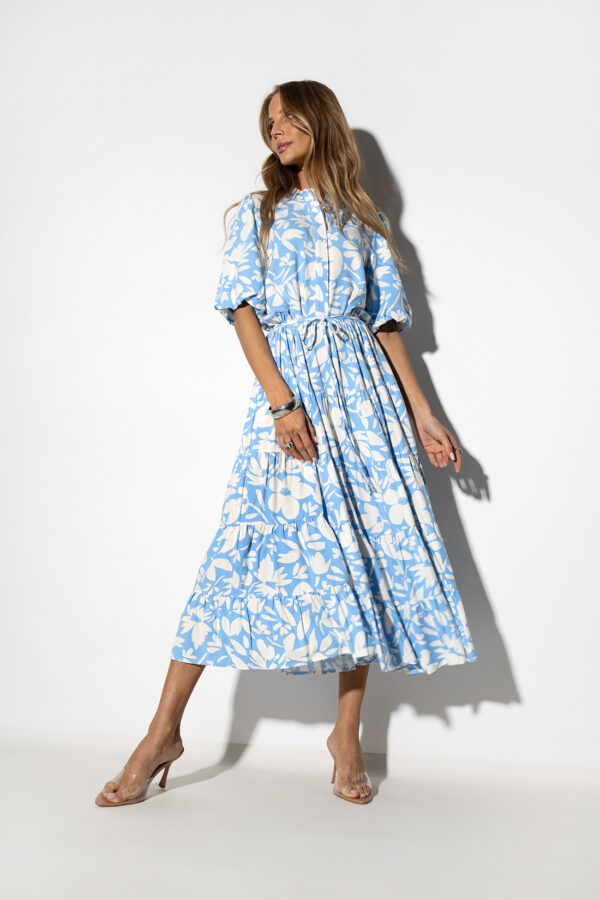 sukienka Emilie - print kwiat błękit ecru