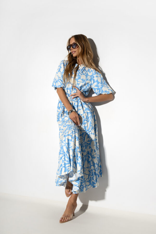 sukienka Emilie - print kwiat błękit ecru