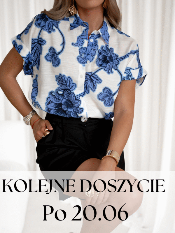 koszula Rene - print kwiat ecru niebieski - Doszycie po 20.06.2025