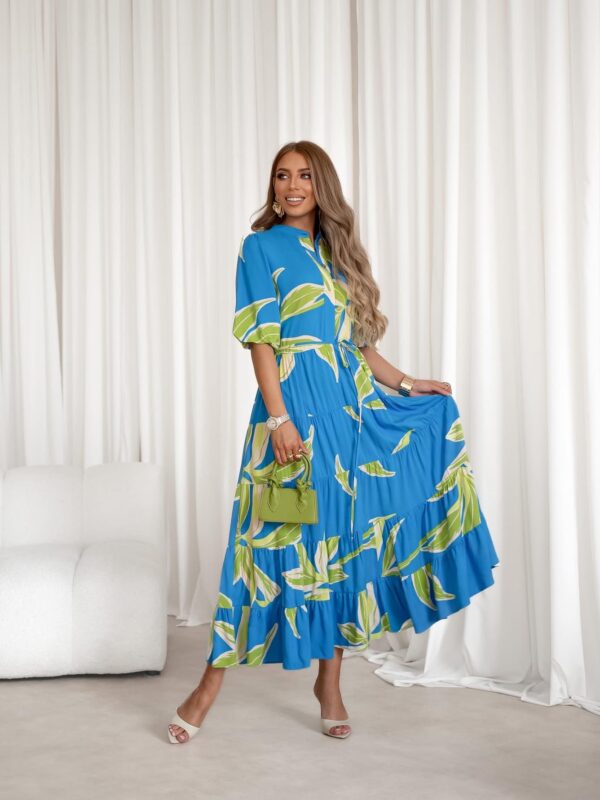 sukienka Emilie - print liście niebieski zieleń