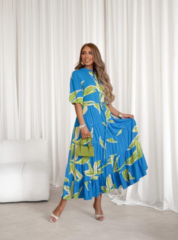 sukienka Emilie - print liście niebieski zieleń