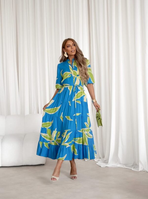 sukienka Emilie - print liście niebieski zieleń