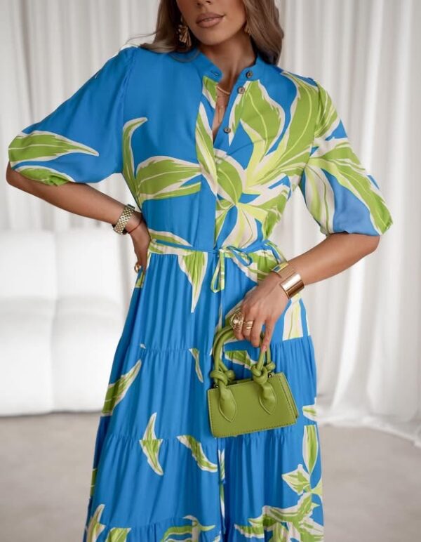 sukienka Emilie - print liście niebieski zieleń