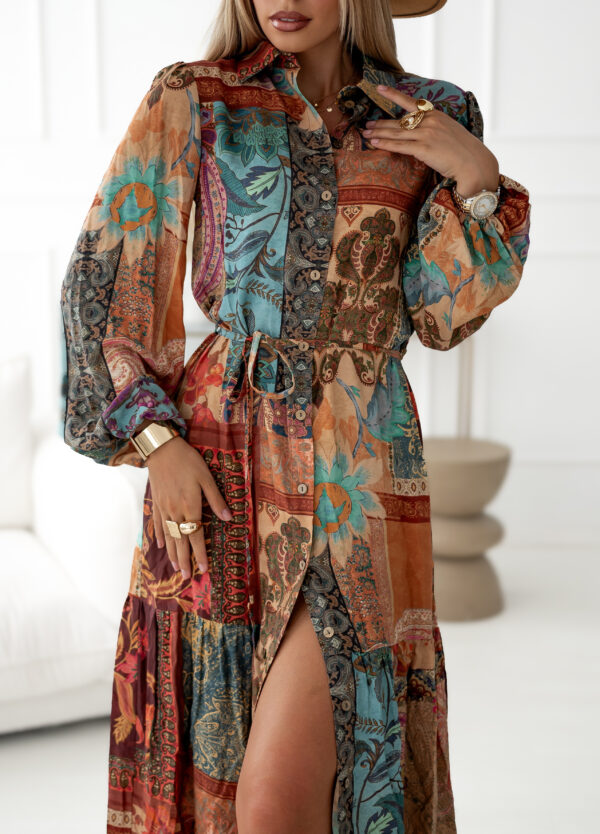 Sukienka Helen - print patchwork brąz pomarańcz niebieski