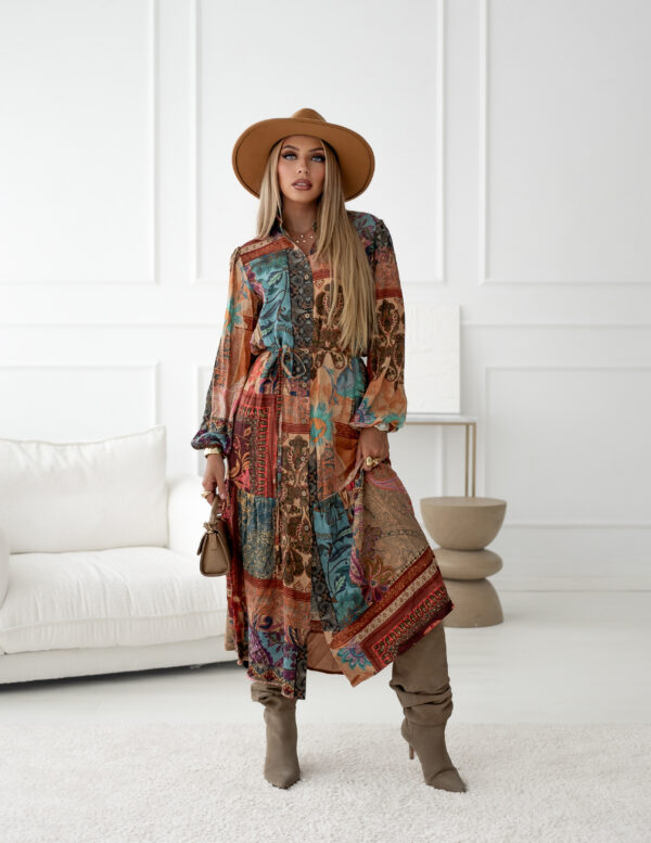 Sukienka Helen - print patchwork brąz pomarańcz niebieski