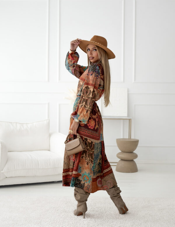 Sukienka Helen - print patchwork brąz pomarańcz niebieski