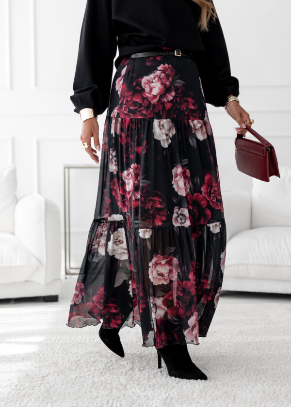 spódnica Boho - print kwiat czerń bordo puder