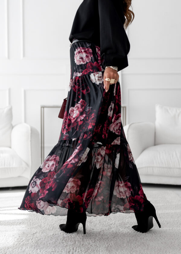 spódnica Boho - print kwiat czerń bordo puder