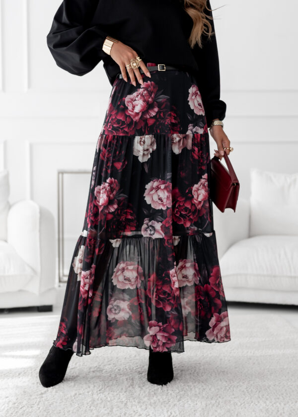 spódnica Boho - print kwiat czerń bordo puder