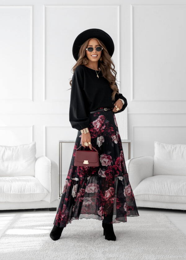 spódnica Boho - print kwiat czerń bordo puder