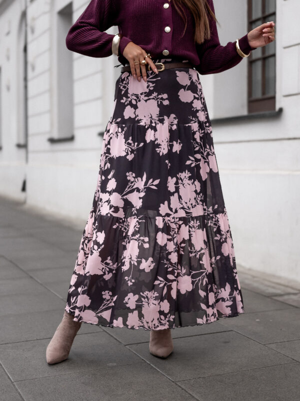 spódnica Boho - print kwiat brąz róż