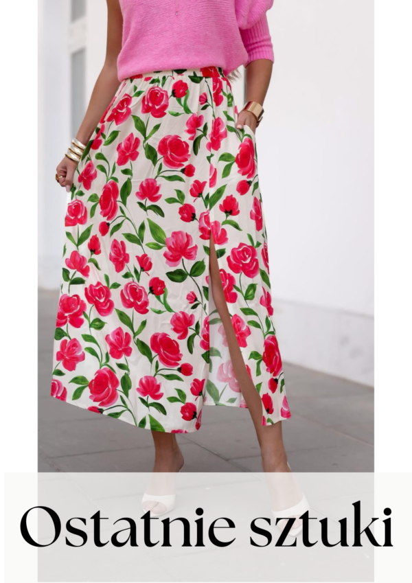 spódnica Midi - print róże ecru czerwień