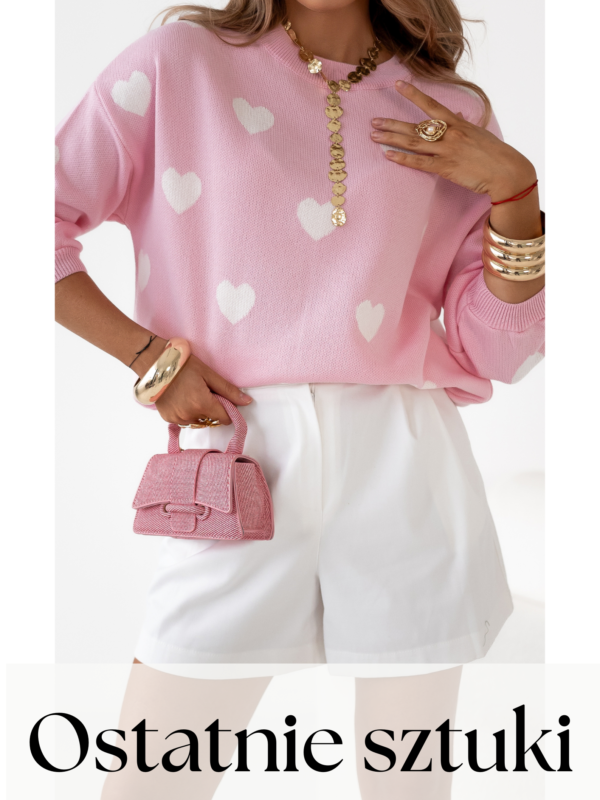 sweter wzór serca - jasny róż - ecru