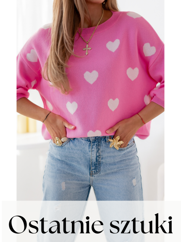 sweter wzór serca - Barbie róż - ecru