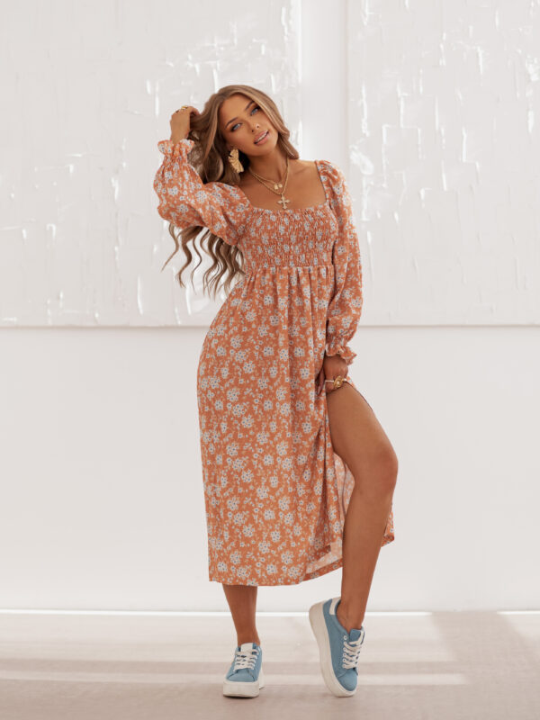 sukienka Livia - print kwiat pomarańcz błękit ecru