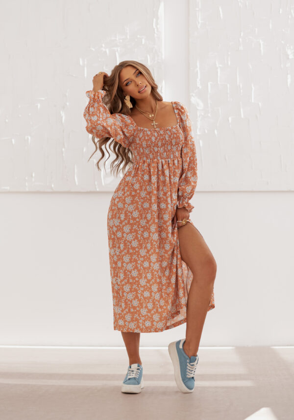 sukienka Livia - print kwiat pomarańcz błękit ecru