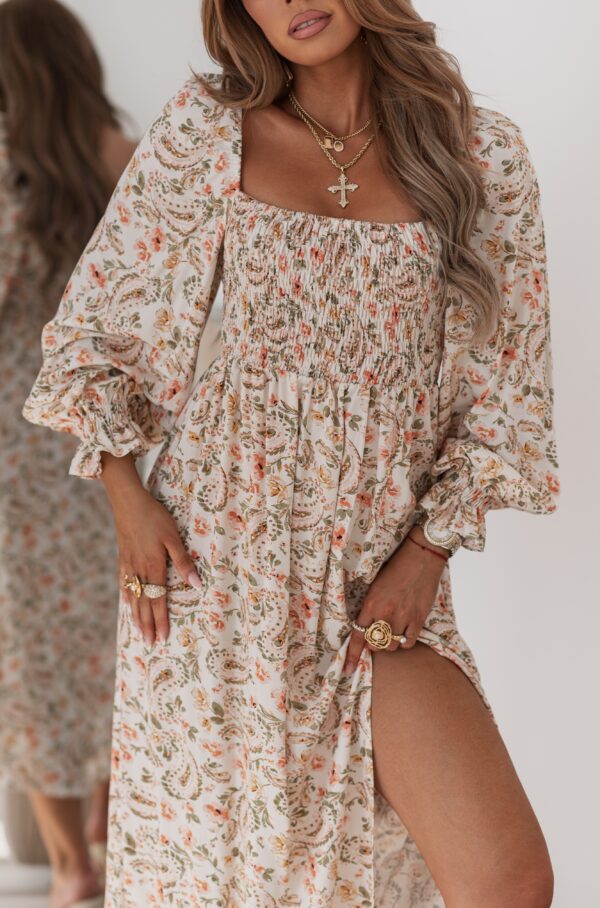 sukienka Livia - print ecru brzoskwinia zieleń