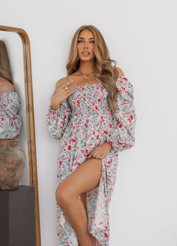 sukienka Livia - print beż róż niebieski