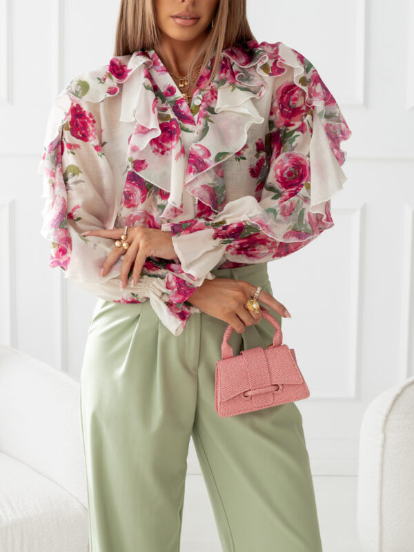 bluzka Valerie - print kwiat ecru róż zieleń