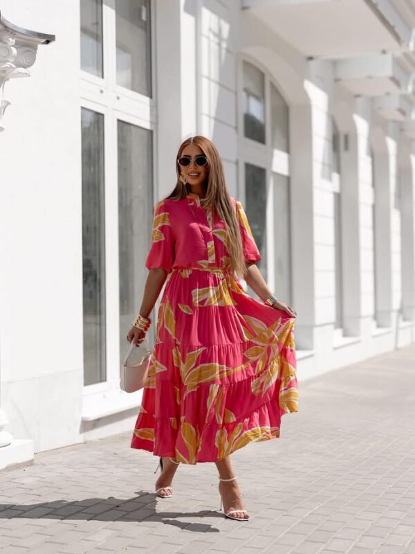 sukienka Emilie - print liście róż żółty