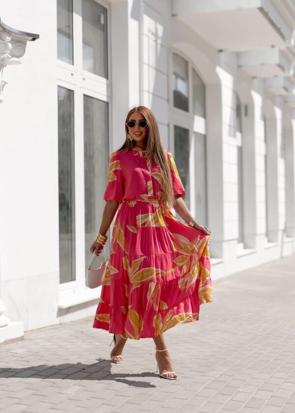 sukienka Emilie - print liście róż żółty