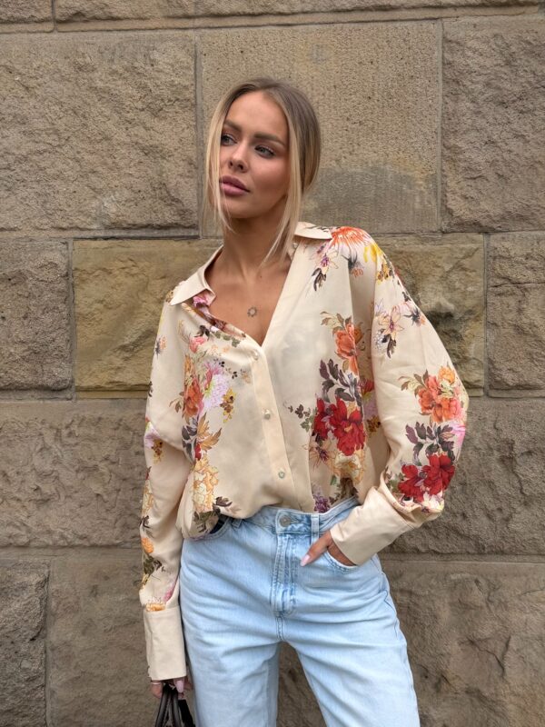 koszula Roomy - print kwiat beż róż żółty