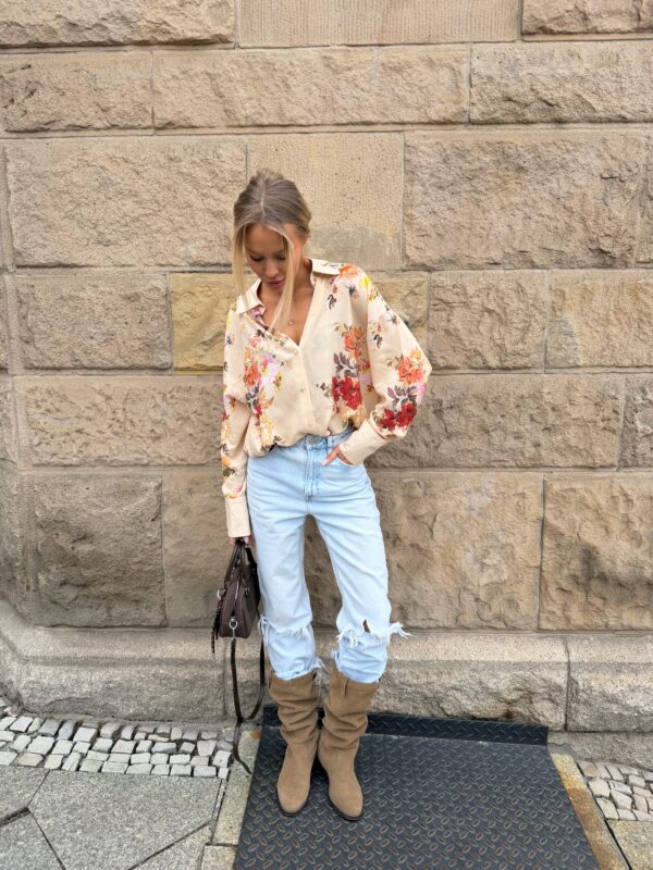 koszula Roomy - print kwiat beż róż żółty