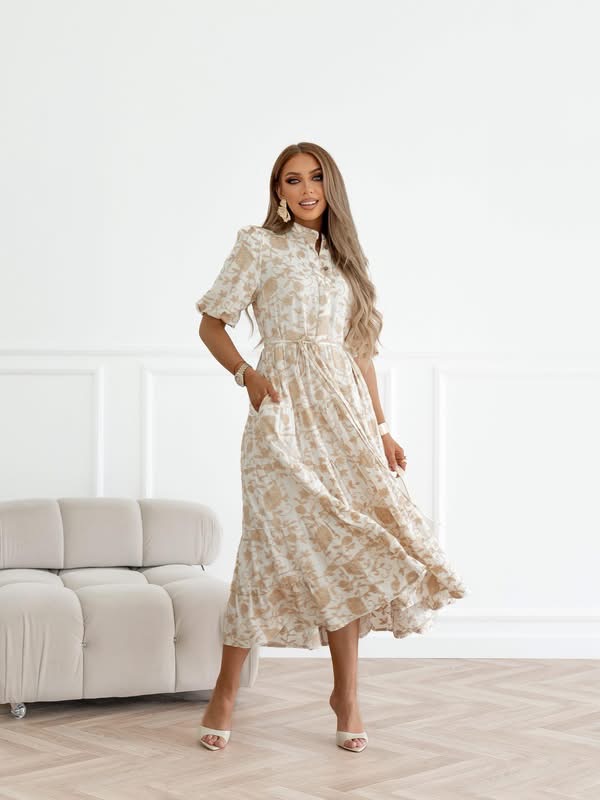 sukienka Emilie - haft kwiat ecru złoto