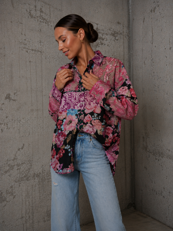 koszula Roomy - print patchwork fiolet beż czerń