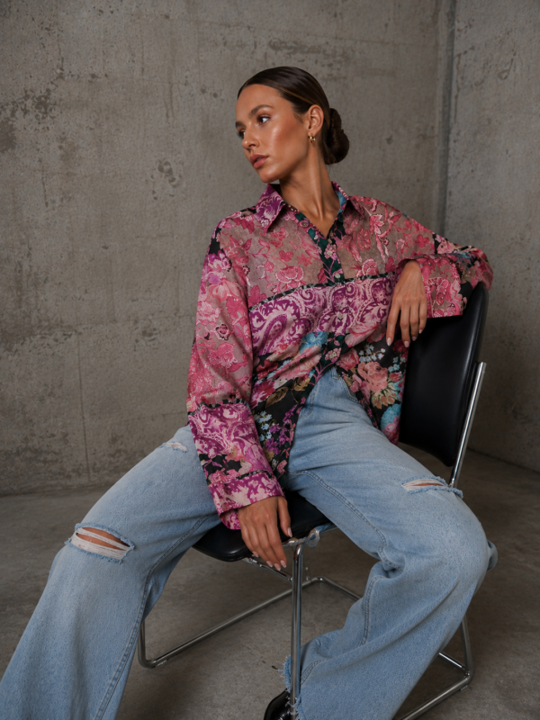 koszula Roomy - print patchwork fiolet beż czerń