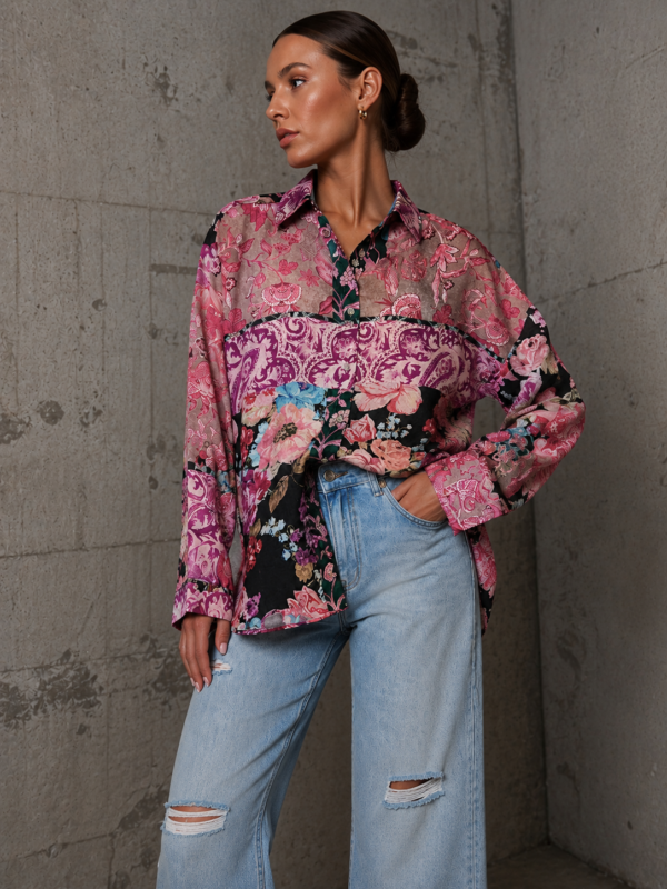 koszula Roomy - print patchwork fiolet beż czerń