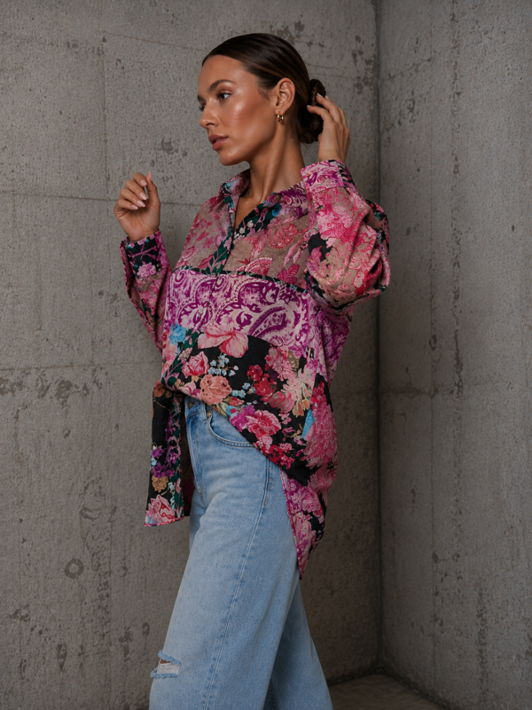 koszula Roomy - print patchwork fiolet beż czerń