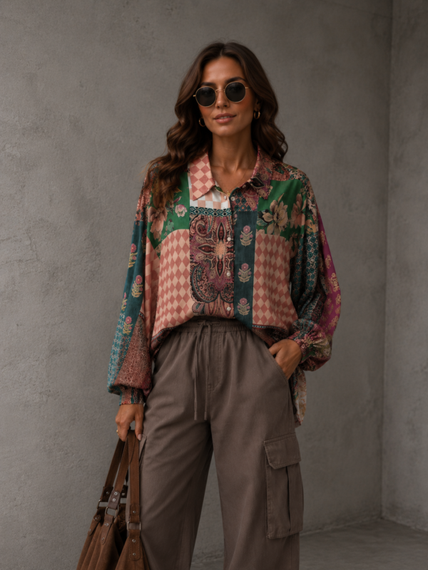 koszula Roomy - print patchwork zieleń cegła bordo