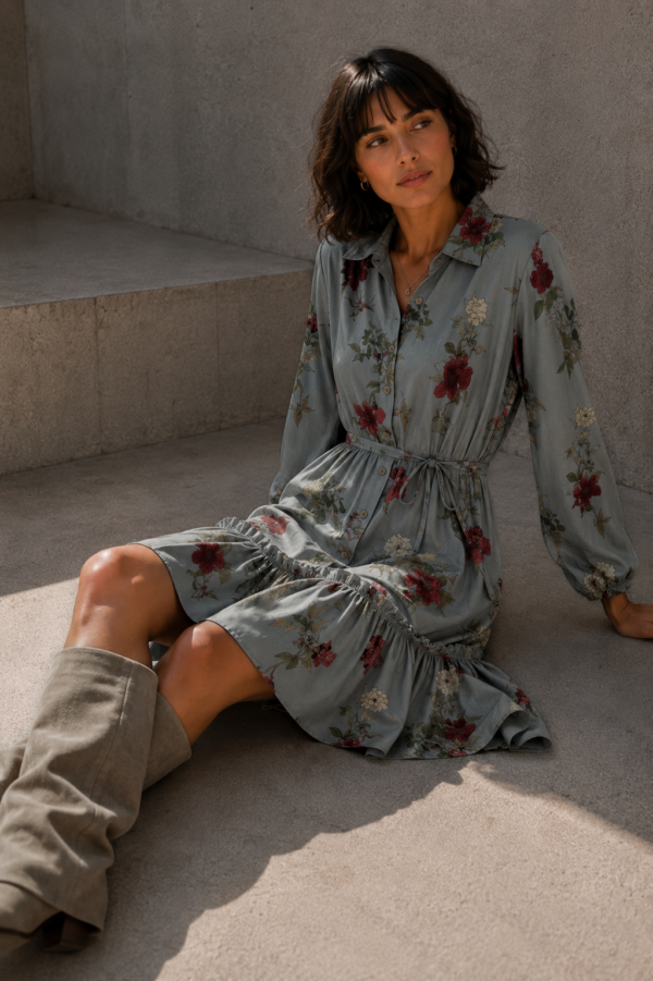 sukienka Holly - print kwiat khaki bordo beż
