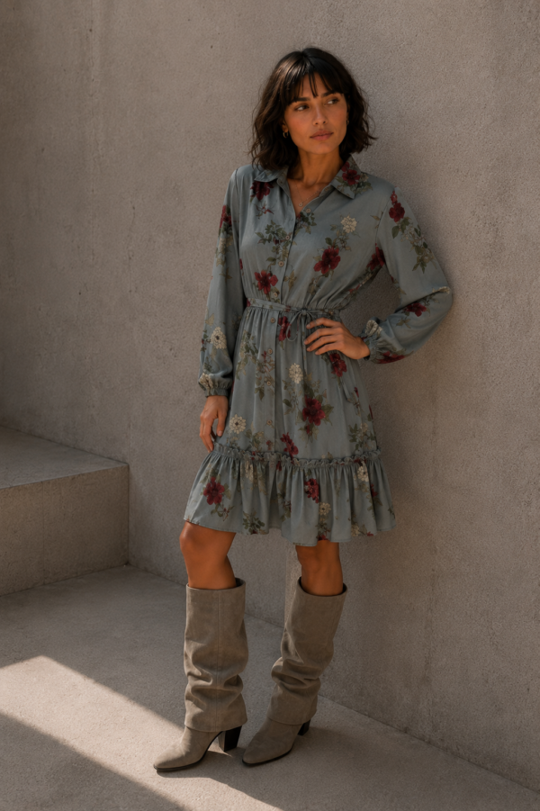 sukienka Holly - print kwiat khaki bordo beż