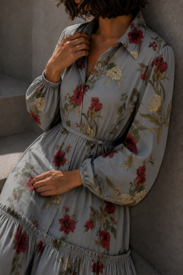 sukienka Holly - print kwiat khaki bordo beż