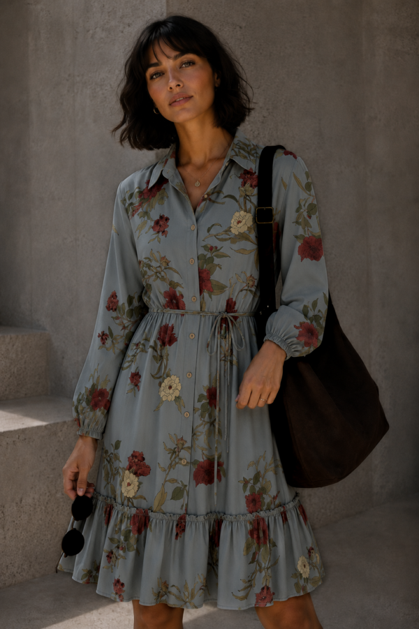 sukienka Holly - print kwiat khaki bordo beż