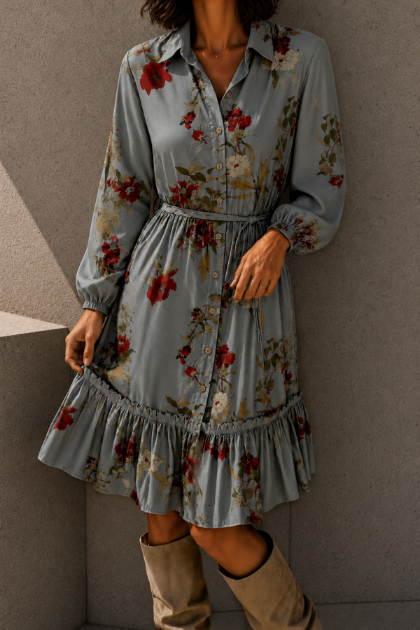 sukienka Holly - print kwiat khaki bordo beż