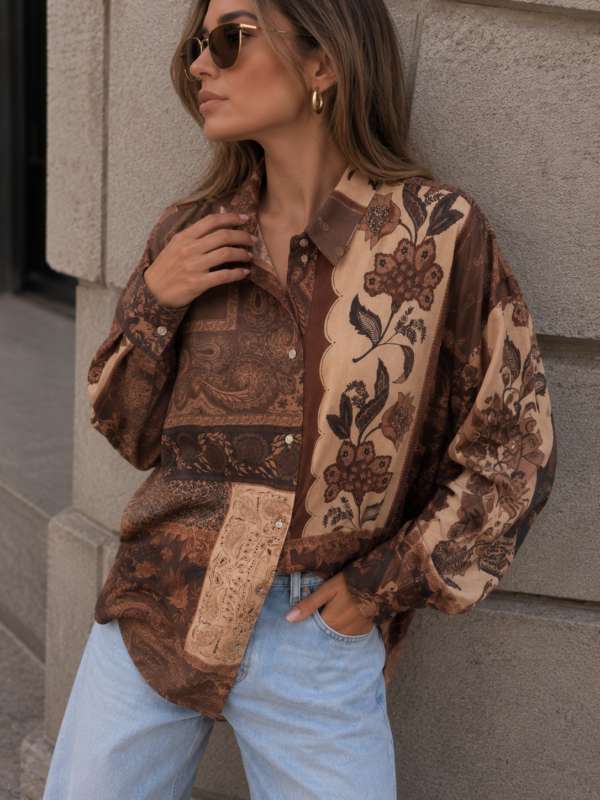 koszula Roomy - print patchwork brąz beż