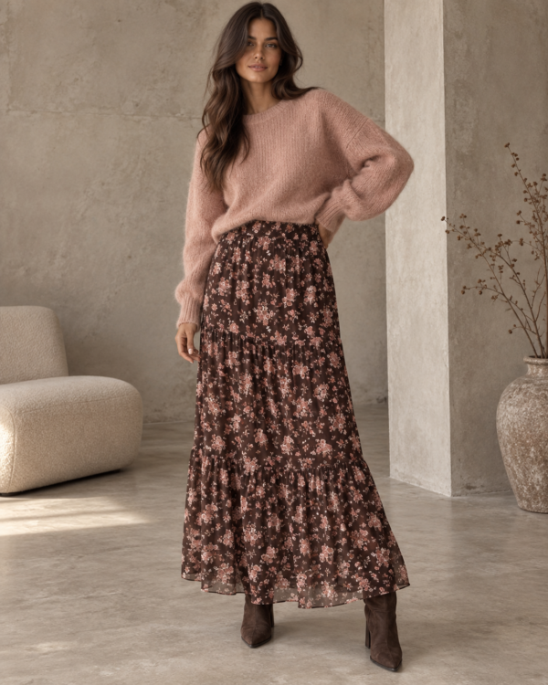spódnica Boho - print kwiat brąz róż