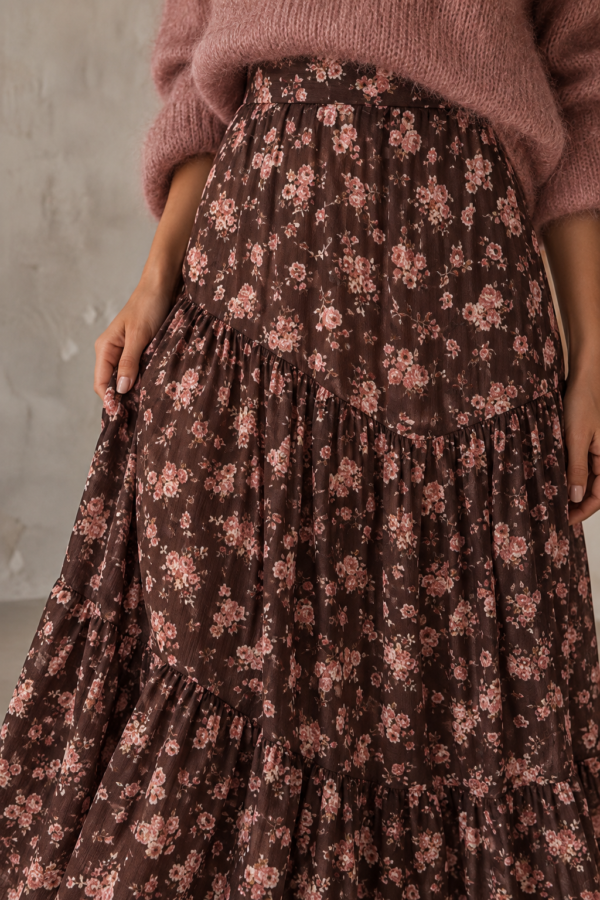 spódnica Boho - print kwiat brąz róż