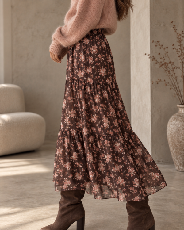 spódnica Boho - print kwiat brąz róż